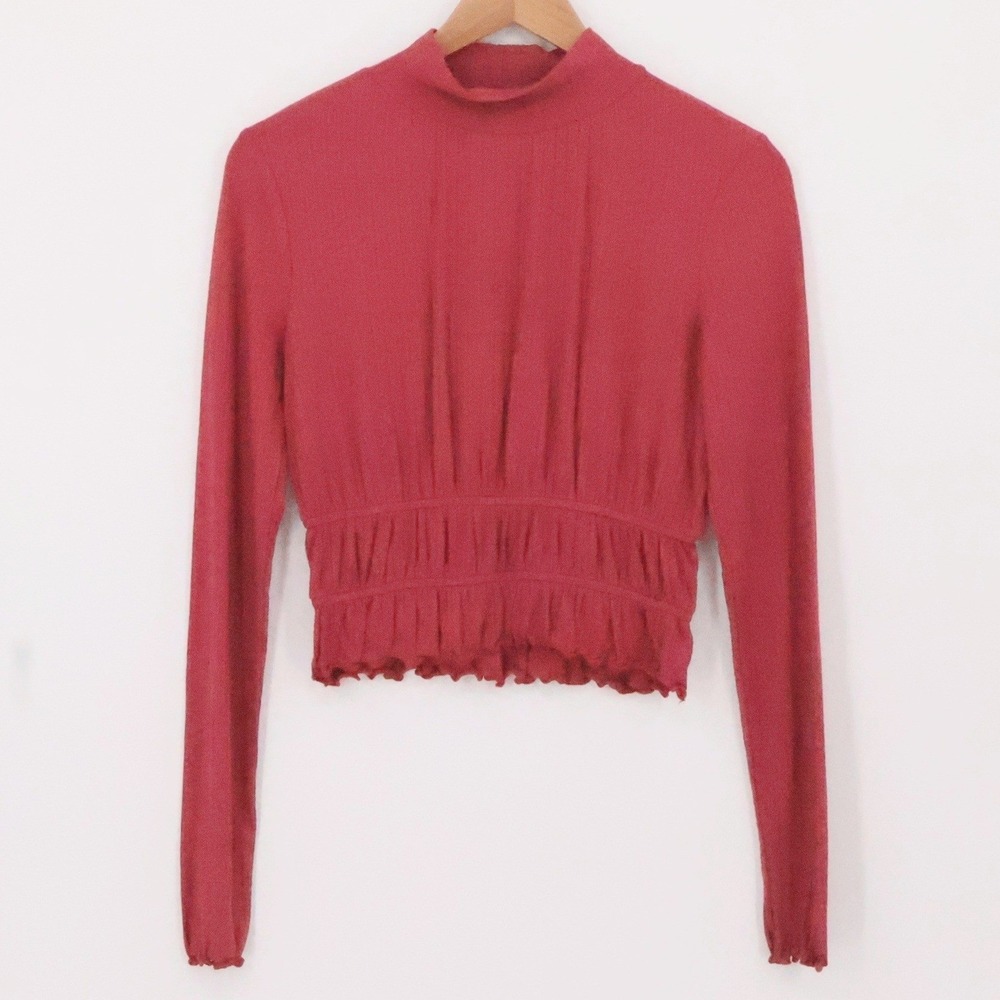 Lost Wander Raspberry Ribbed Mock Neck Top Smocked Crop Waist NWT USASize XS